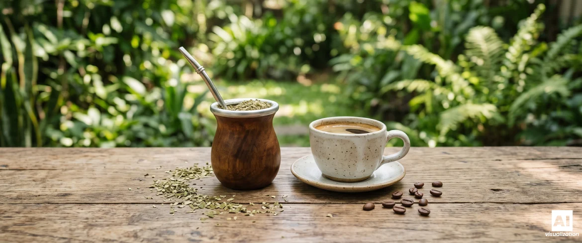 Yerba Mate und eine Tasse Kaffee stehen nebeneinander auf einem Holztisch.