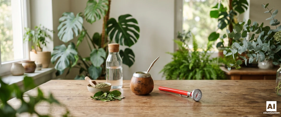 Eine Mate-Kürbisflasche mit Yerba Mate, Wasser, getrockneter Yerba Mate und einem Thermometer zum Messen der Temperatur des Aufgusses.