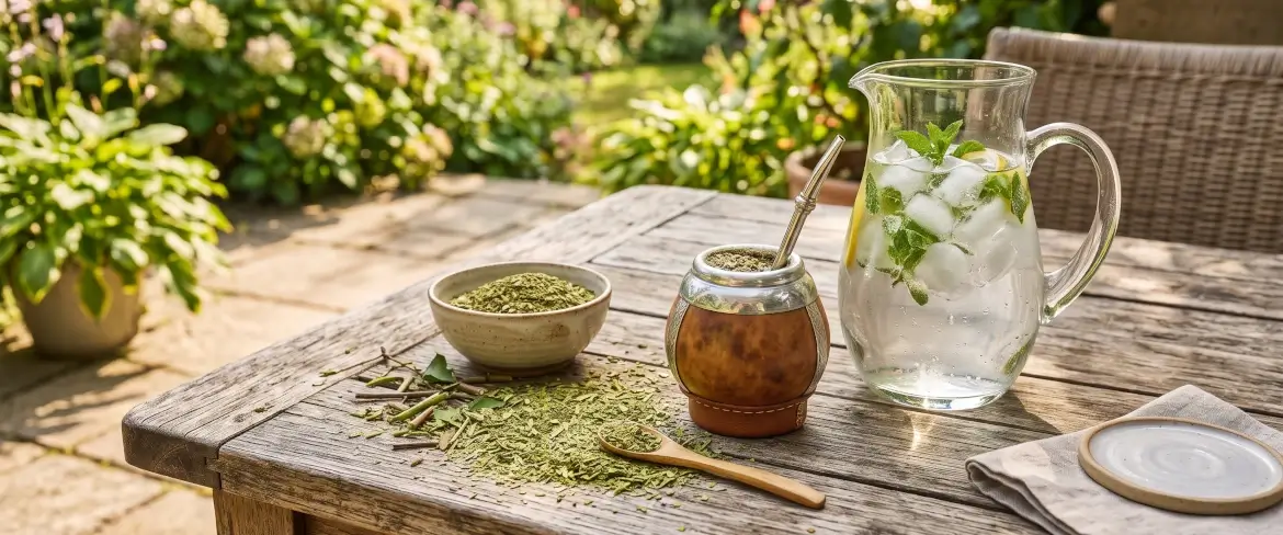 Yerba-Mate-Blätter und ein Glaskrug mit eiskaltem Wasser