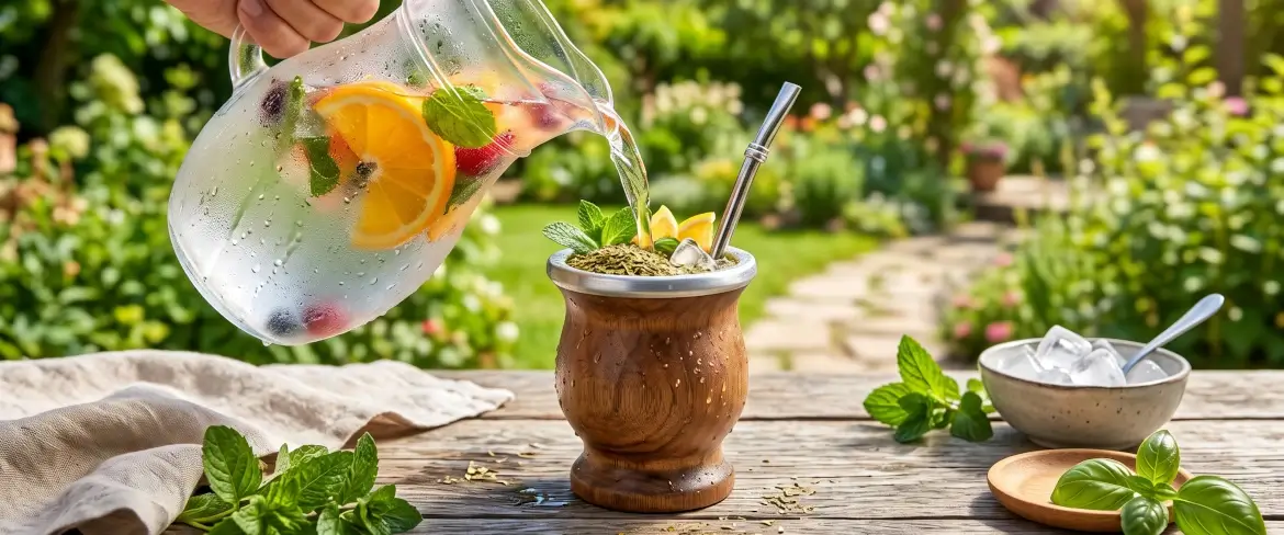 Kalte Yerba Mate wird mit gekühltem Fruchtsaft aufgegossen, um Tereré zuzubereiten