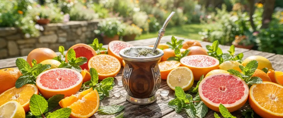 Erfrischende, kalte Yerba Mate, umhüllt von Zitrusfrüchten