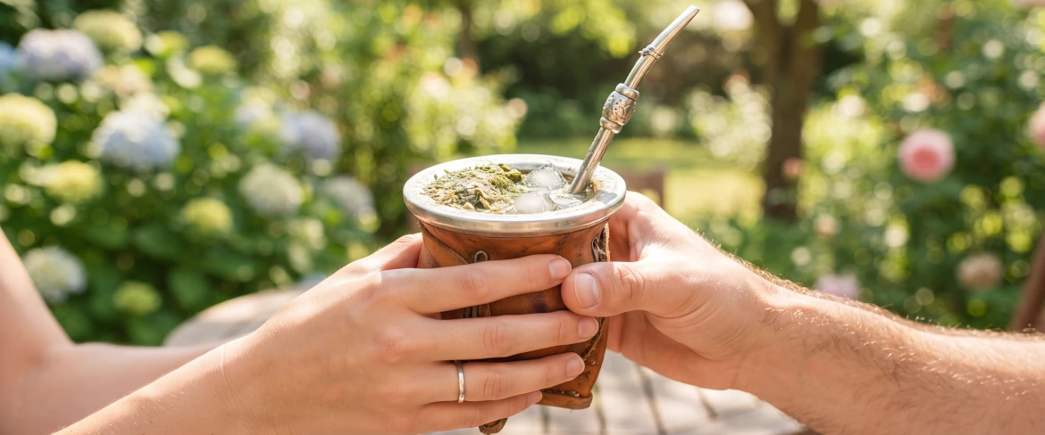 Zwei Menschen, die sich in einem sonnigen, grünen Garten eine Kalebasse mit eiskaltem Tereré teilen