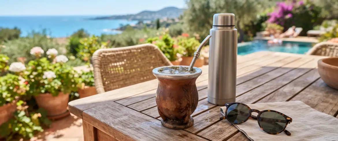 Sommerliche Entspannung auf der Terrasse mit einer Thermoskanne und einem Mate-Kalkebecken
