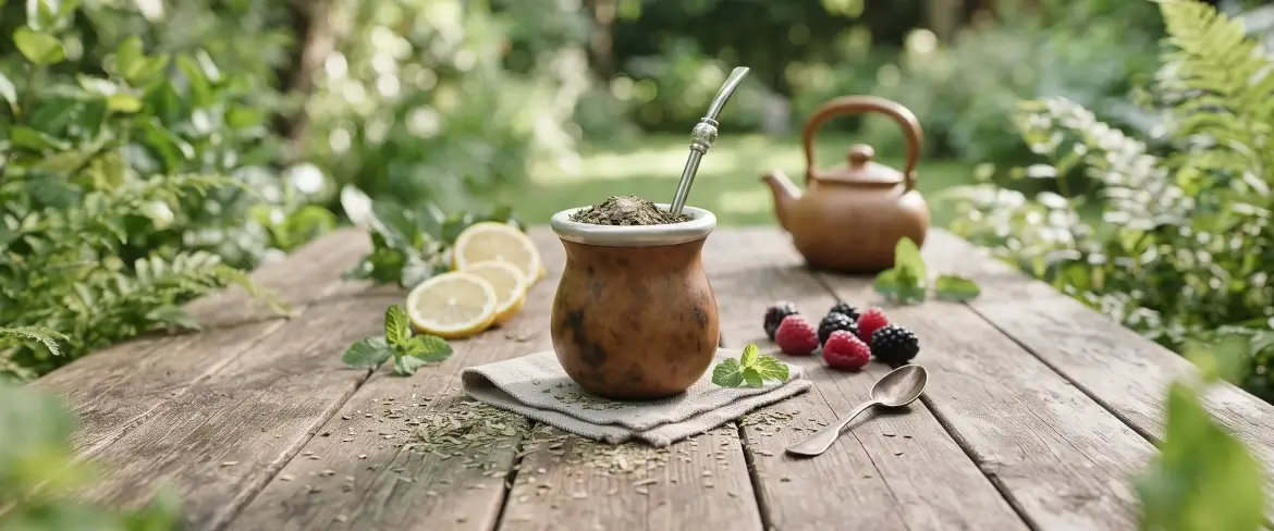 Ein Mate-Kürbis mit Yerba Mate auf einem Holztisch, daneben Zitrone und Minze – so entsteht ein natürliches Ambiente für das Getränk.