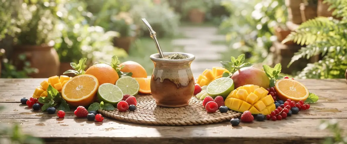Kombinieren Sie Yerba Mate mit Zitrusfrüchten, Mango und Beeren rund um einen Mate-Kalkbecher und genießen Sie so einen frischen und erfrischenden Aufguss.
