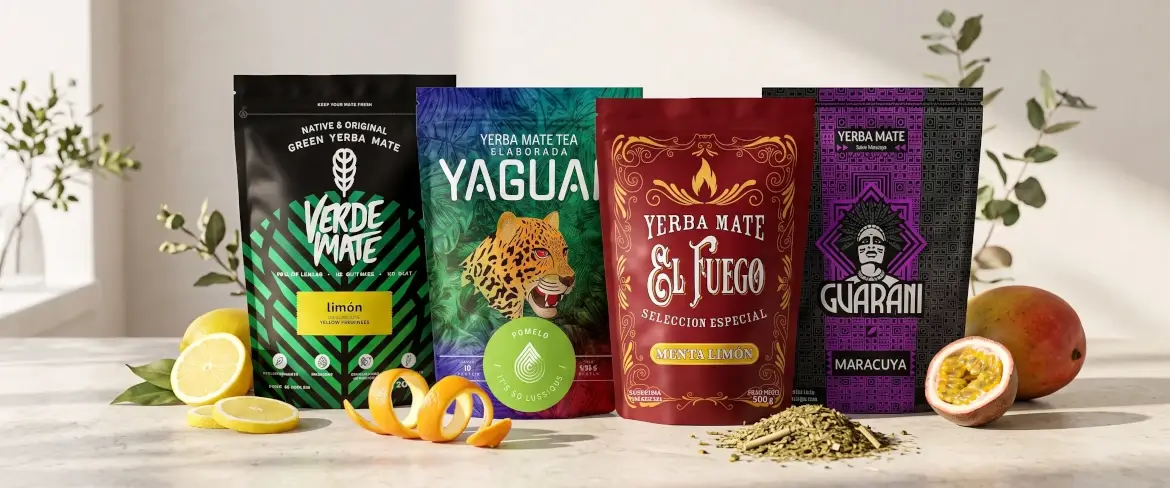 Doypacks mit Yerba Mate in verschiedenen Geschmacksrichtungen mit Früchten, darunter Zitrusfrüchte und fruchtige Yerba Mate.