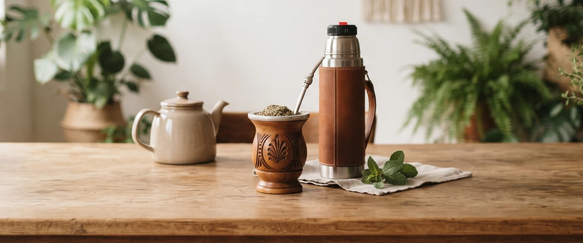 Eine Mate-Kalebasse mit Yerba Mate, eine Thermoskanne und Zubehör zum Aufbrühen auf einem Tisch – eine Darstellung des täglichen Yerba-Mate-Rituals.