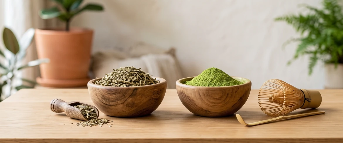 Matcha-Grüntee vs. Yerba Mate: Holzschalen mit getrockneten Yerba-Mate-Blättern und grünem Matcha-Pulver.