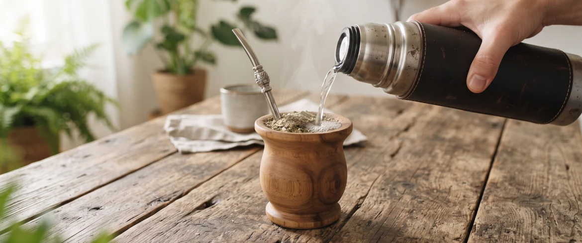 Heißes Wasser wird aus einer Thermoskanne in einen hölzernen Mate-Becher mit Yerba Mate und einer Bombilla gegossen.