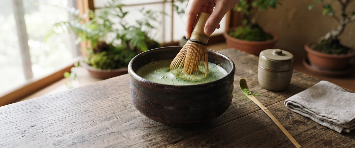 Traditionelle Zubereitung von Matcha in einer dunklen Schale mit einem Chasen-Bambusbesen.