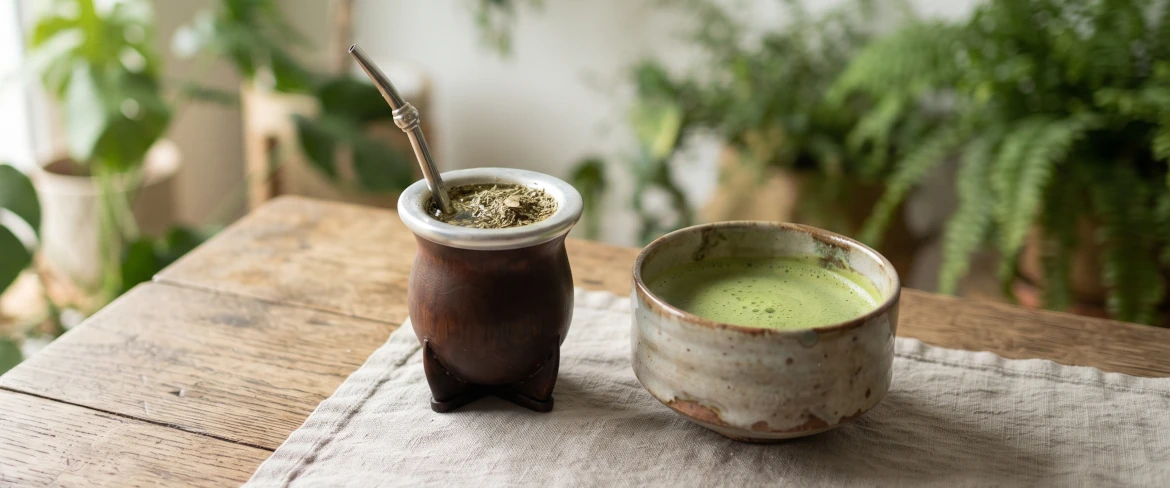 Direkter Vergleich von Matcha und Yerba Mate: eine Mate-Kalebasse mit einer Bombilla und eine Keramikschale mit Aufguss.