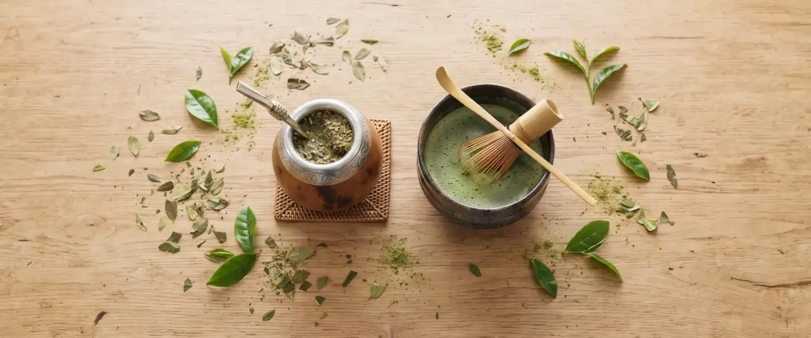 Draufsicht auf Yerba Mate und Matcha: eine hölzerne Mate-Schale und eine Keramikschale, umgeben von Blättern.