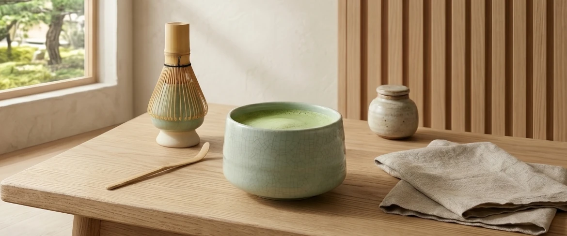 Matcha-Tee in einer Matchawan-Schale mit einem Chasen-Besen – Matcha-Teeservice