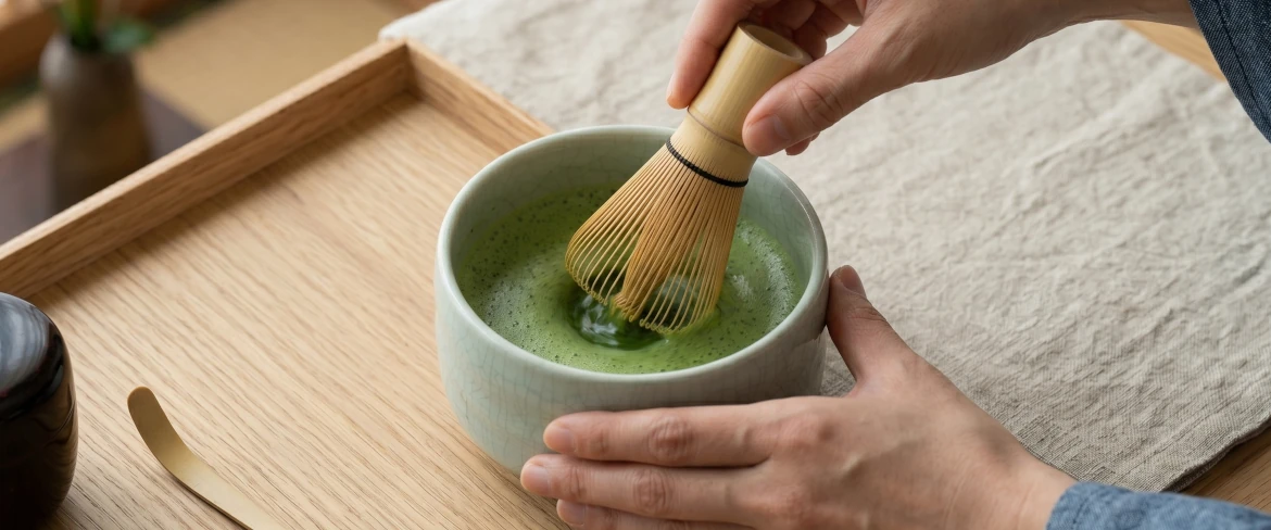 Zubereitung von Matcha-Tee in einer Matchawan mit einem Chasen – ein Matcha-Set