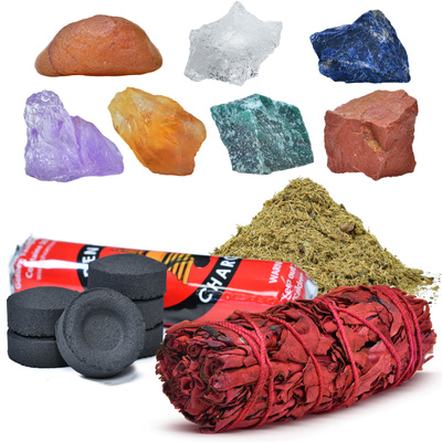 Set aus Natursteinen, Kristallen und Weihrauch - Esoterik, Yoga, Meditation