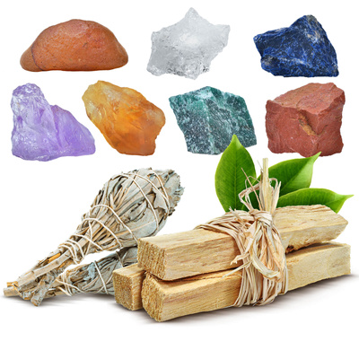 Set aus Natursteinen, Kristallen und Weihrauch - Esoterik, Yoga, Meditation