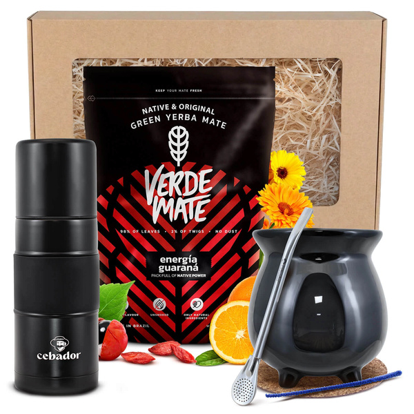 Geschenkset Mate Tee: Verde Mate Energía Guaraná 0,4kg + Yerbomos X + Kalebasse + Bombilla