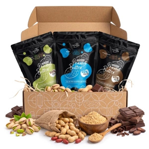 Geschenkset mit Erdnussbutterpulver Nustino: Pure + Chocolate + Pistachio & Chocolate 3x400g