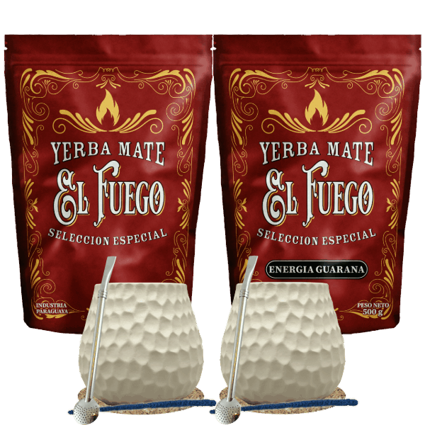 Starter-Set für zwei Personen Mate Tee El Fuego 2×500 g + 2× Kalebasse + 2× Bombilla