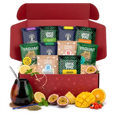 Weihnachtliches Mate-Tee-Geschenkset: Proben 10x50g + Samba Kalebasse und Bombilla