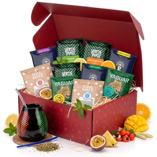 Weihnachtliches Mate-Tee-Geschenkset: Proben 10x50g + Samba Kalebasse und Bombilla