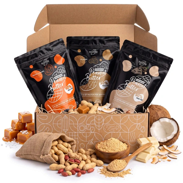 Geschenkset mit Erdnussbutterpulver Nustino: Classic + Salted Caramel + White Chocolate & Coconut 3x400g
