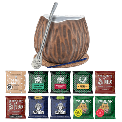 Yerba Mate Set 10x50g Kalebasse Kokosnuss Bombilla 500g