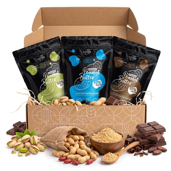 Geschenkset mit Erdnussbutterpulver Nustino: Pure + Chocolate + Pistachio & Chocolate 3x400g