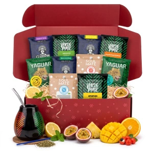 Weihnachtliches Mate-Tee-Geschenkset: Proben 10x50g + Samba Kalebasse und Bombilla