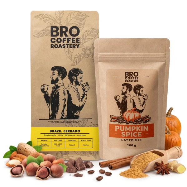 Set für Pumpkin Spice Latte: Kaffee Bro Coffee Roastery Brazil Cerrado 1kg + Pumpkin Spice Latte Mix 100g