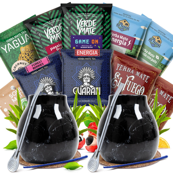 Mate Tee Set für Zwei: Proben 10x50g + 2x Kalebasse + 2x Bombilla
